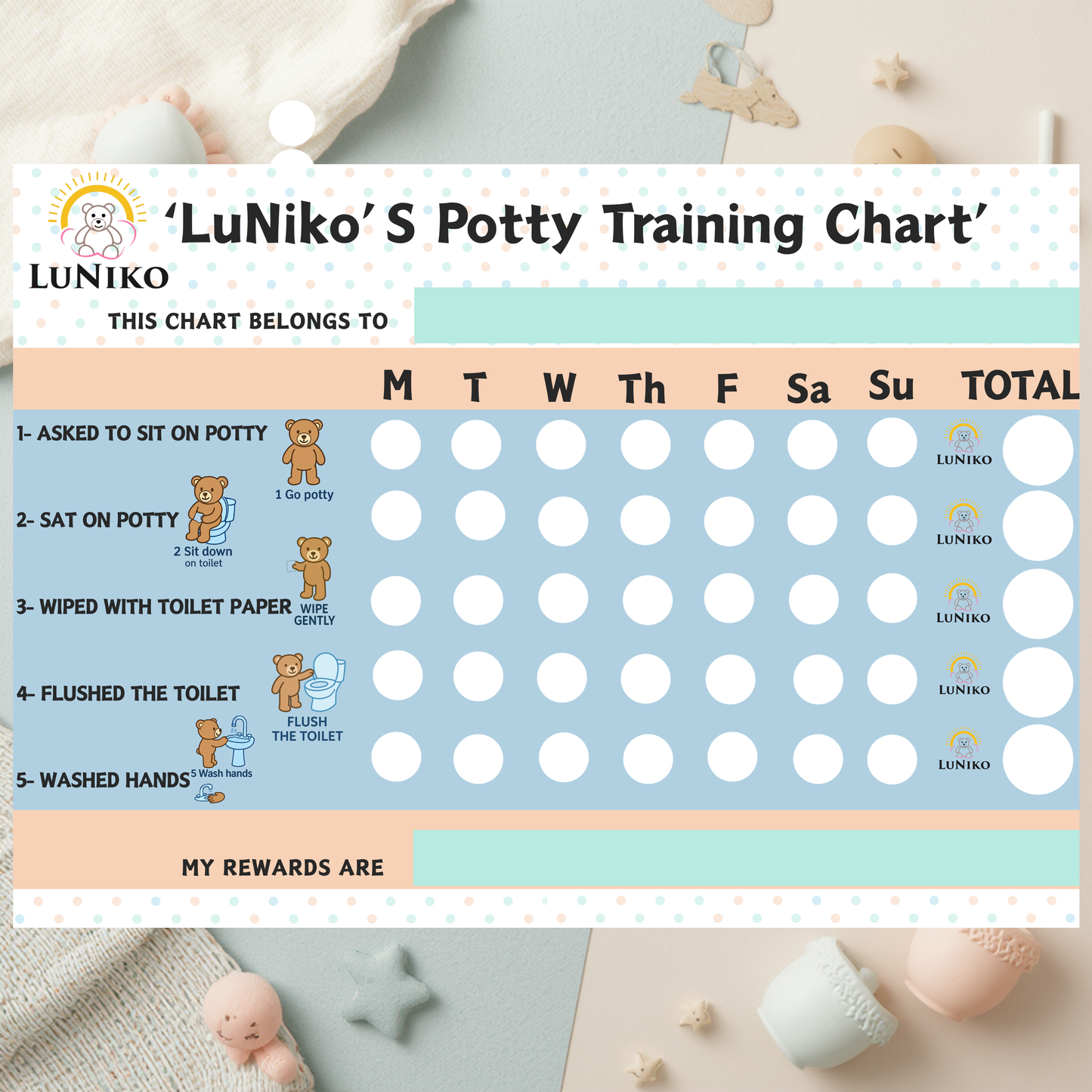 LuNiko LuNiko Potty Training Reward Chart – Printable Chart in 3 Colors (Sky Blue, Blush Pink & Teddy Bear)