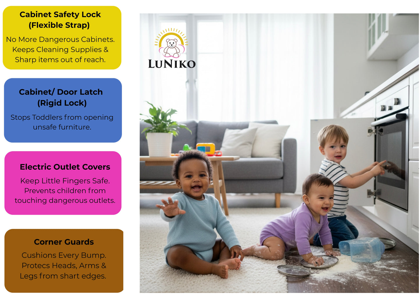 LuNiko Home Protection Kit – 30-Piece Baby Safety Set | Cabinet Locks, Edge Bumpers & Outlet Covers