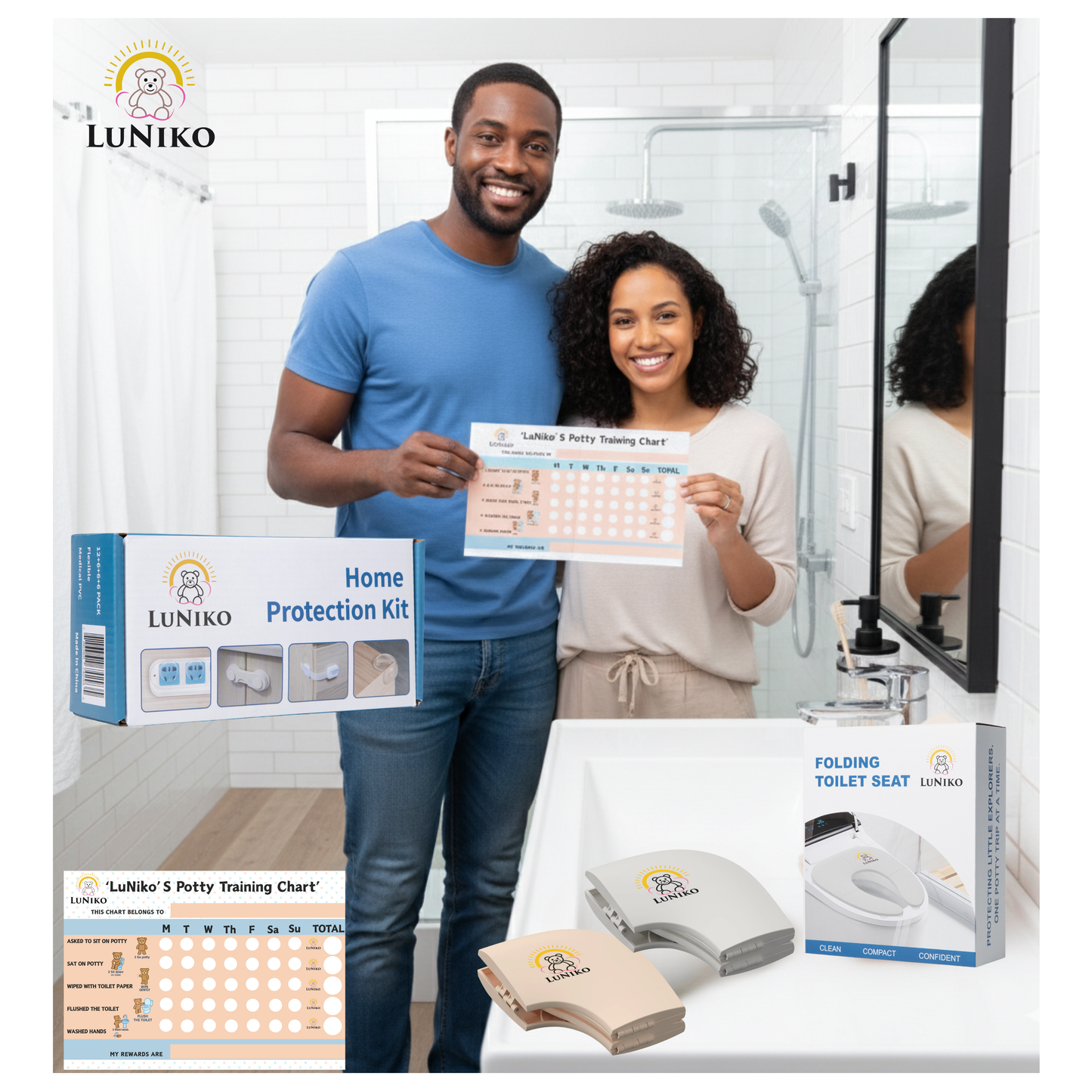 LuNiko Safety & Potty Learning Combo – Home Protection Kit + Folding Potty Seat with Training Chart (Grey Edition)