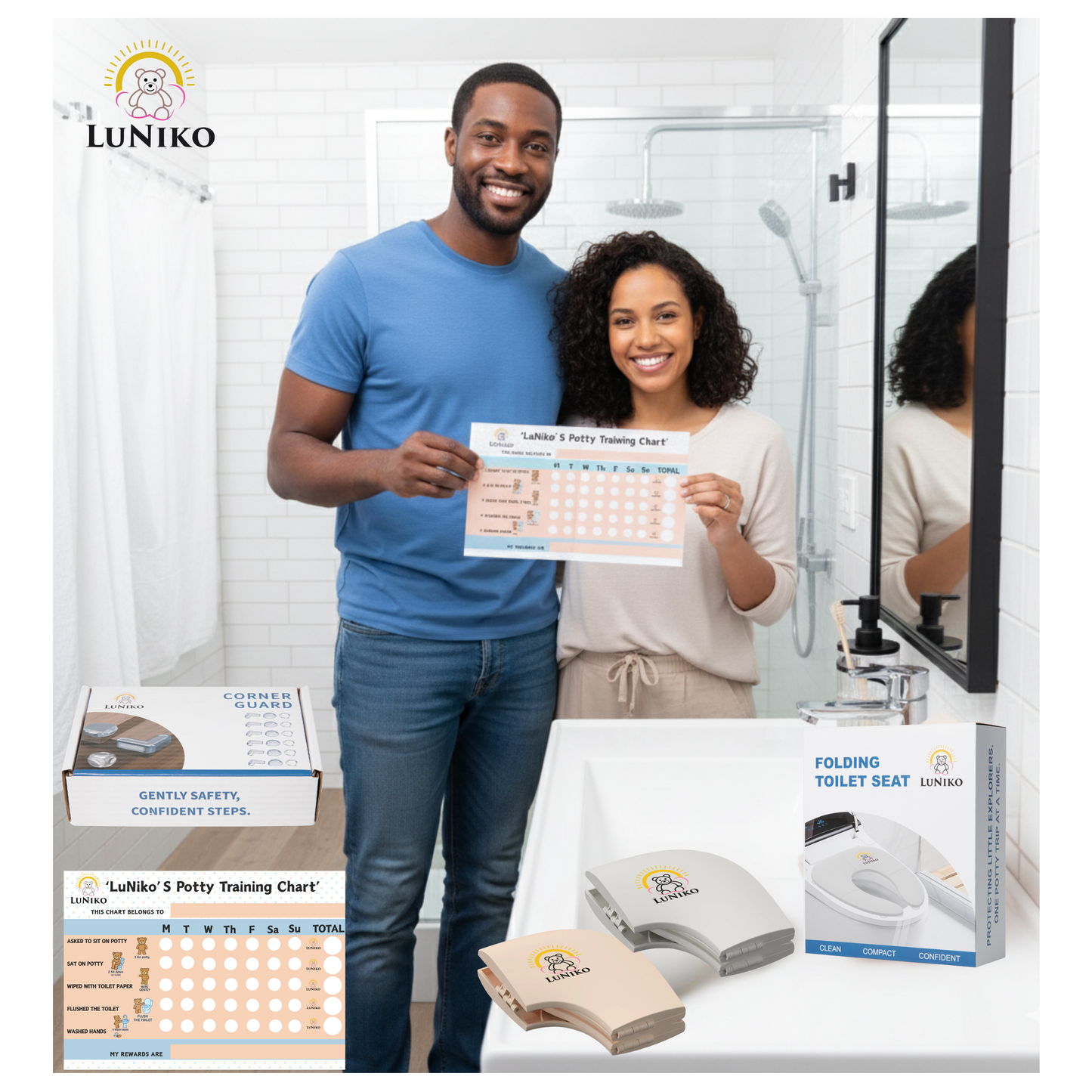 LuNiko Corner Guard & Potty Training Combo – 18-Piece Safety Set + Folding Potty Seat with Training Chart (Beige Edition) (Copia)