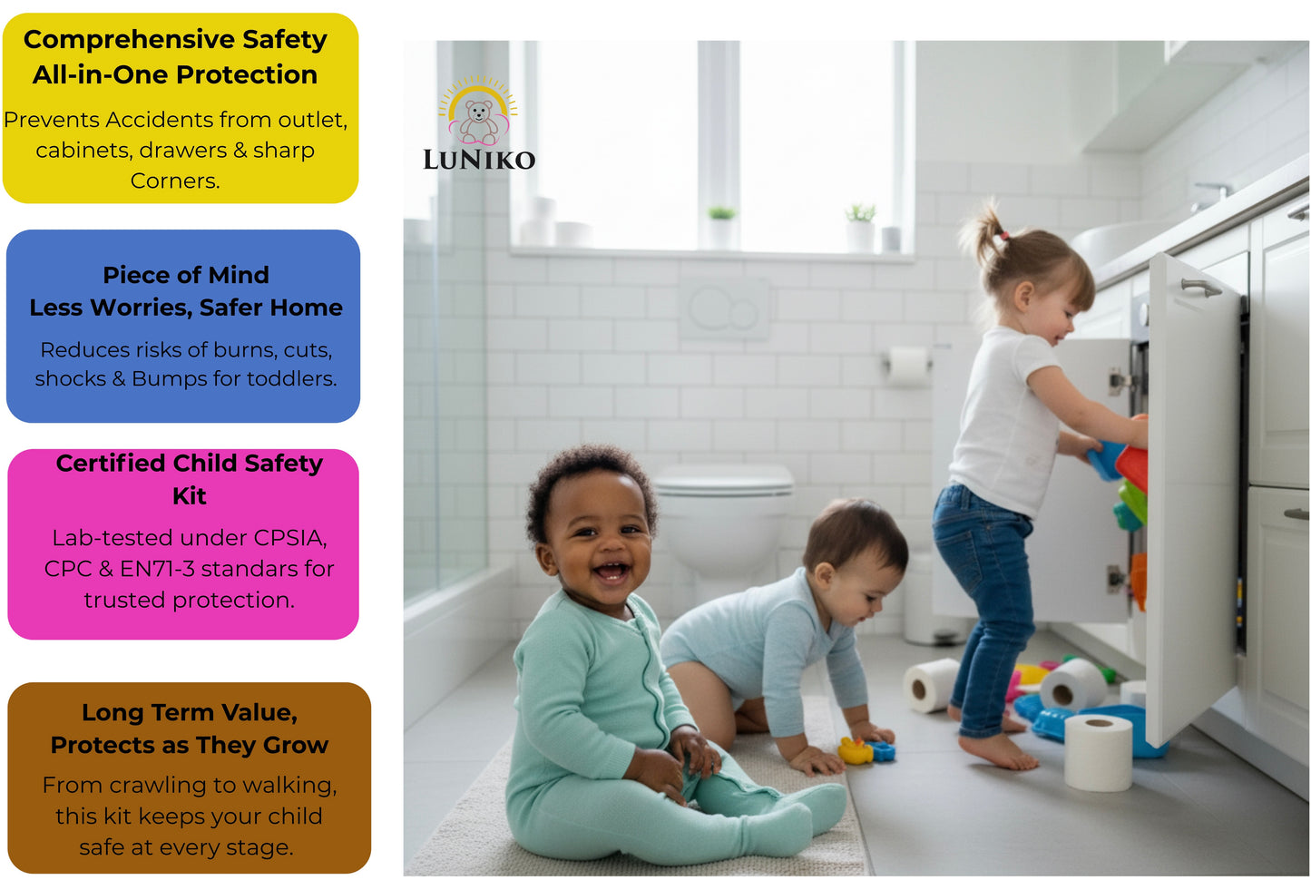 LuNiko Home Protection Kit – 30-Piece Baby Safety Set | Cabinet Locks, Edge Bumpers & Outlet Covers