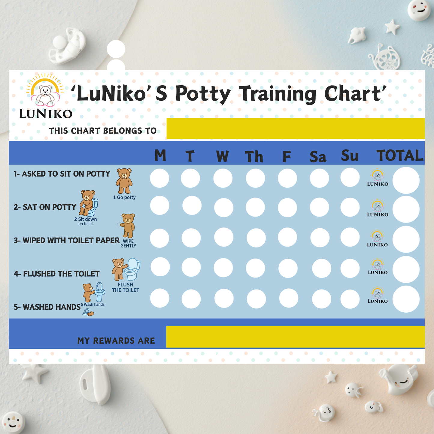 LuNiko LuNiko Potty Training Reward Chart – Printable Chart in 3 Colors (Sky Blue, Blush Pink & Teddy Bear)
