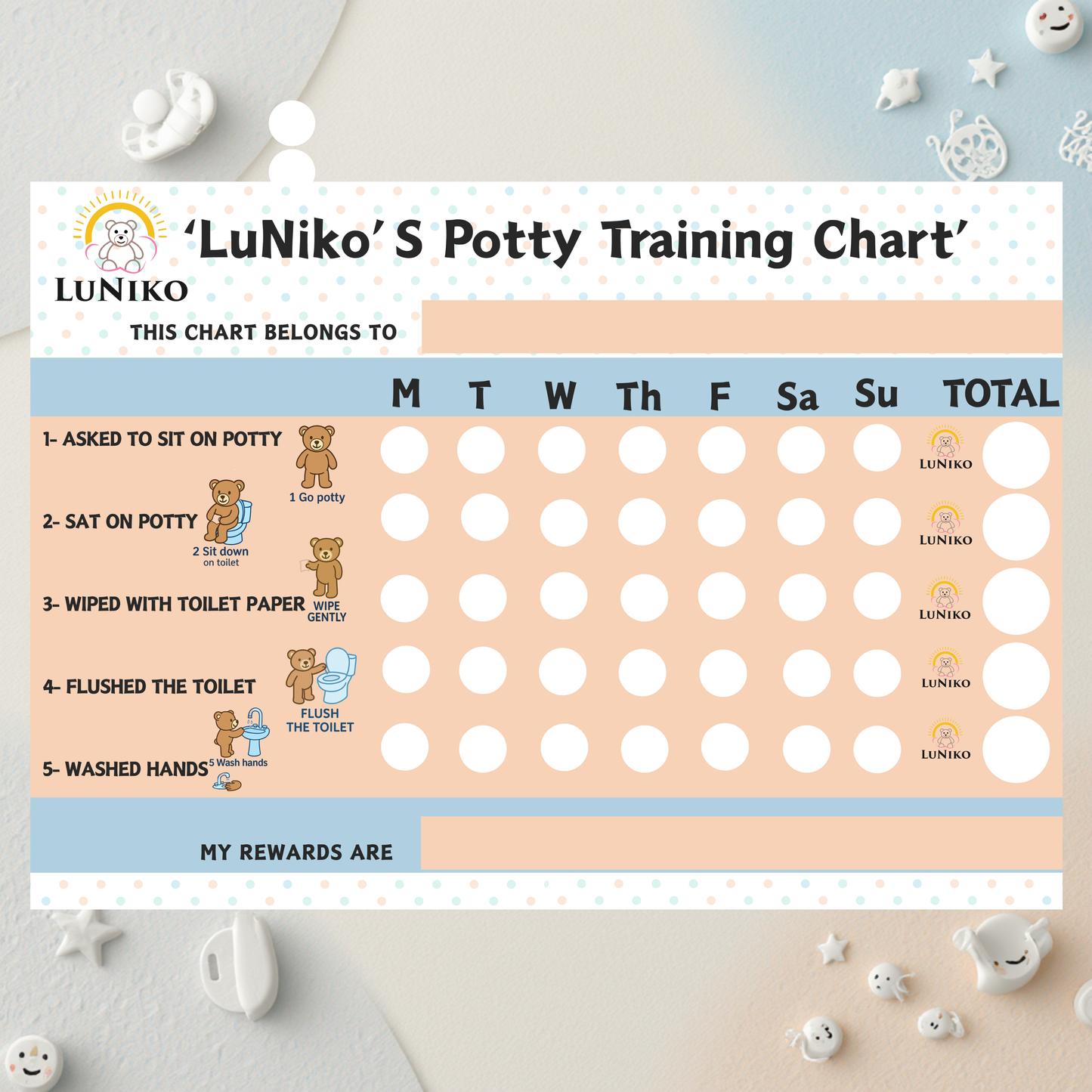 LuNiko LuNiko Potty Training Reward Chart – Printable Chart in 3 Colors (Sky Blue, Blush Pink & Teddy Bear)