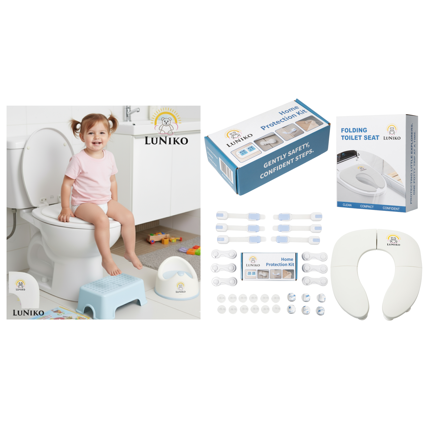 LuNiko Safety & Potty Learning Combo – Home Protection Kit + Folding Potty Seat with Training Chart (Grey Edition)