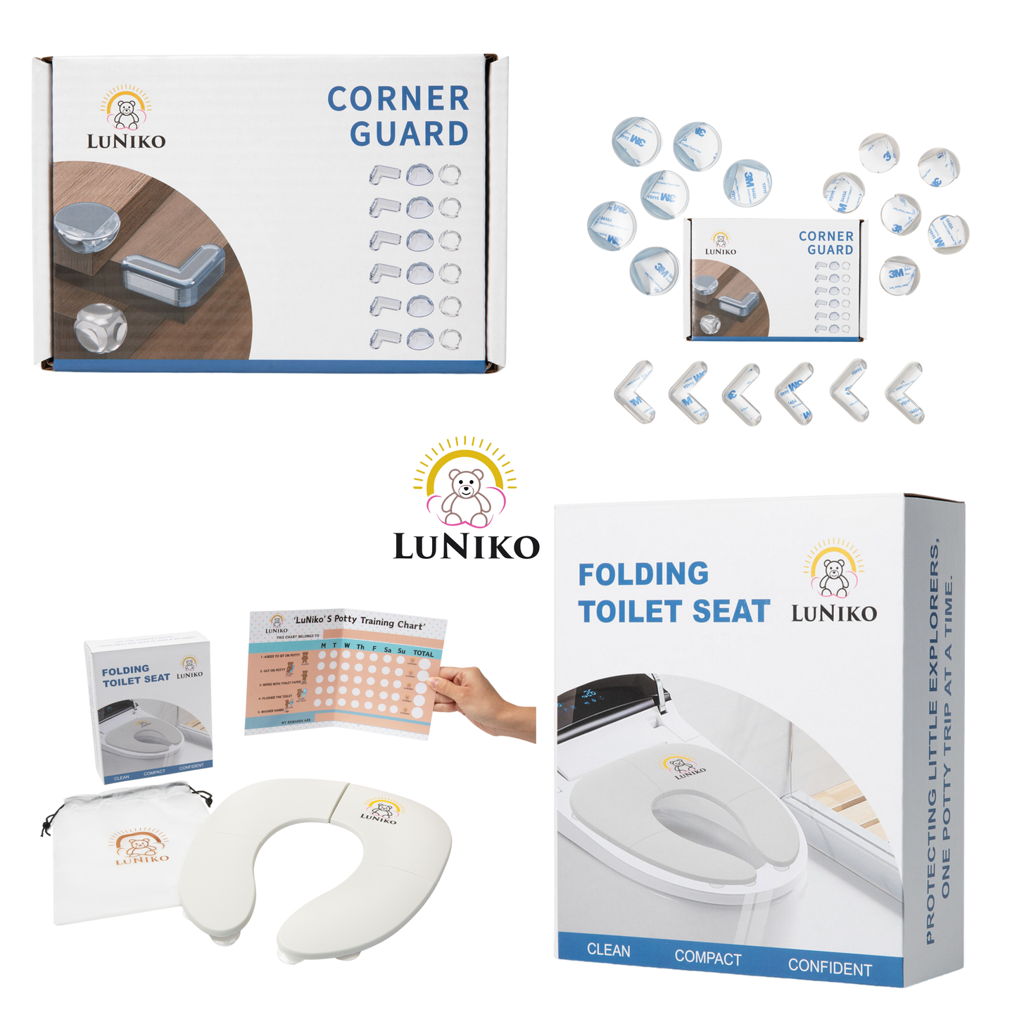 LuNiko Corner Guard & Potty Training Combo – 18-Piece Safety Set + Folding Potty Seat with Training Chart (Grey Edition)