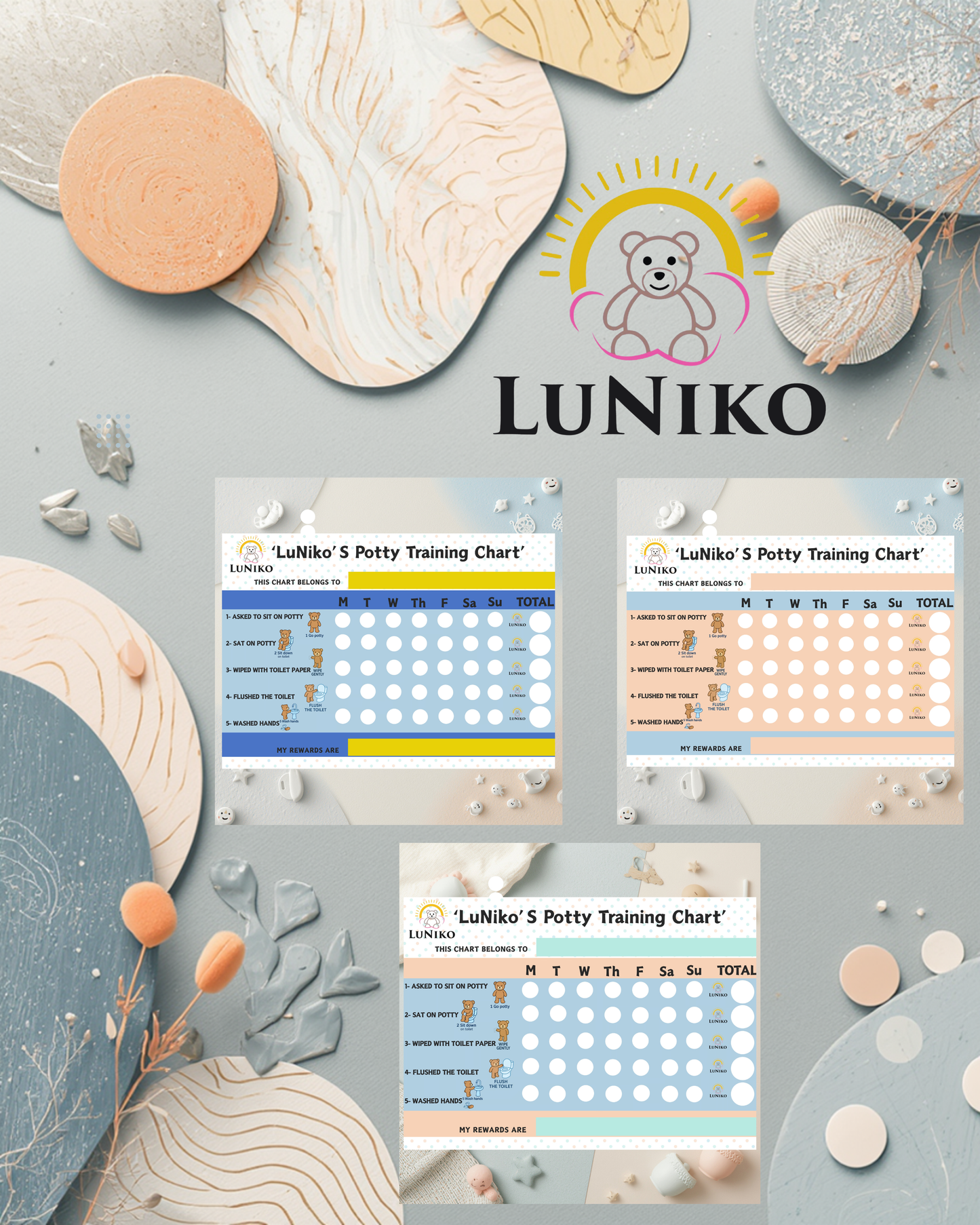 LuNiko LuNiko Potty Training Reward Chart – Printable Chart in 3 Colors (Sky Blue, Blush Pink & Teddy Bear)